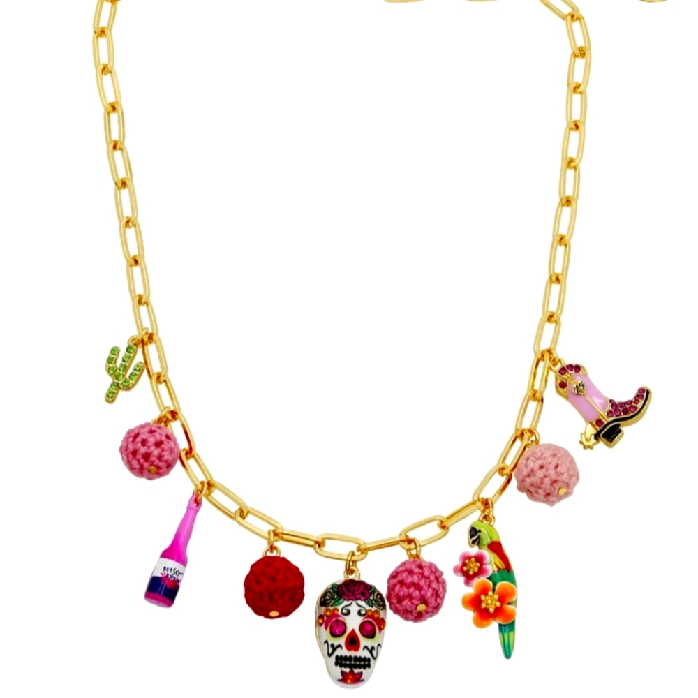 Nwt Betsey Johnson Gold Tone Paper Clip Link Charm Necklace Sugar Skull, Boot